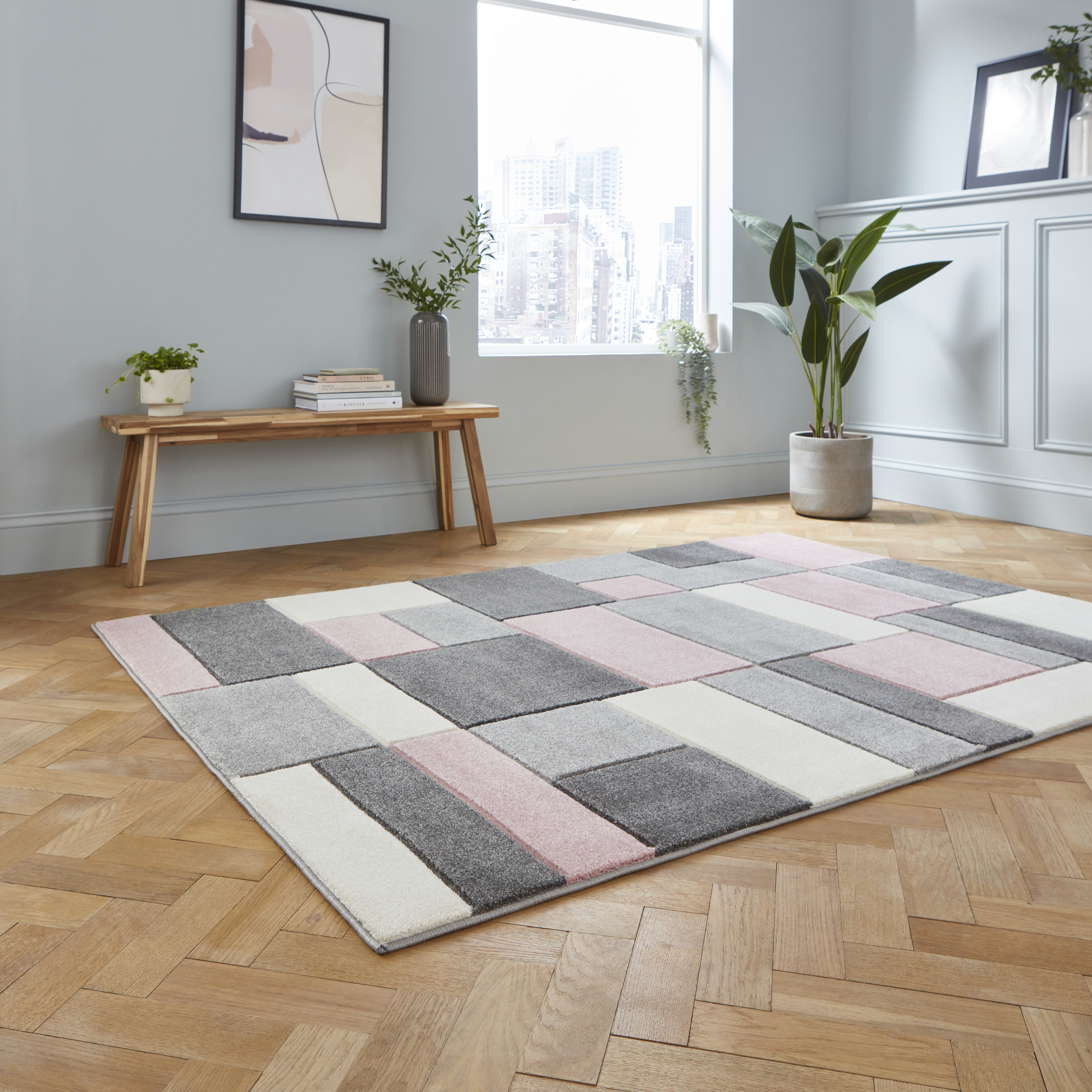 Pink store geometric rug